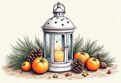 A lit lantern sits surrounded by pumpkins and pine branches