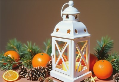 A white lantern with a lit candle is placed on a table