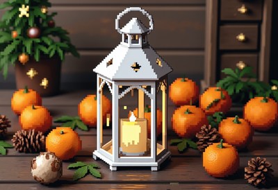 A lantern on a table with tangerines and pinecones