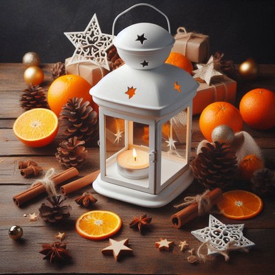 A white lantern on a table with oranges and pinecones