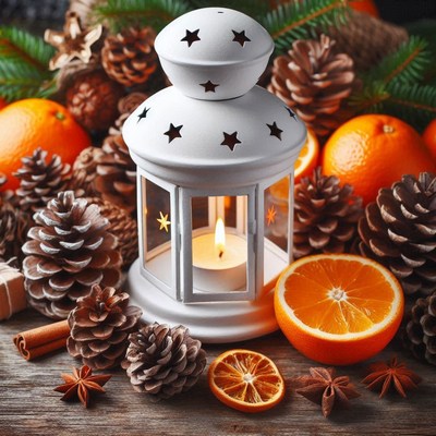 White lantern with candle, pine cones, and oranges