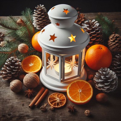 A white lantern with a candle among festive decor