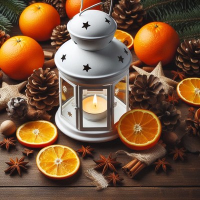 A lit white lantern on a table with oranges