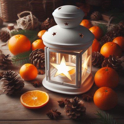 White lantern with stars on a table of oranges