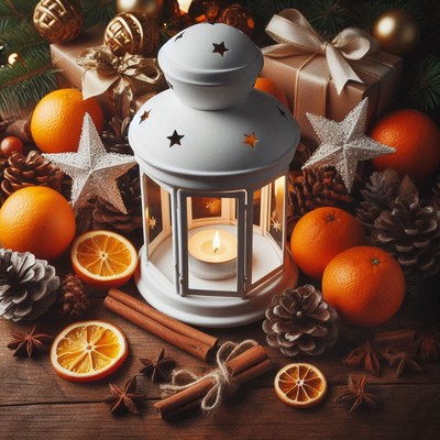 A white lantern sits in the center of a wooden table