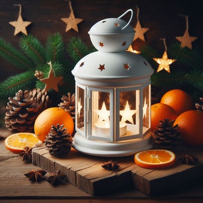 A white lantern with a candle inside sits on a wooden table