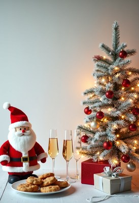 Santa claus sits near a decorated christmas tree