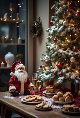 Santa figurine with cookies and champagne by a tree