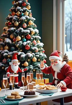 Santa claus celebrates christmas with a festive dinner