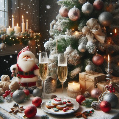 Festive christmas table with champagne and cookies