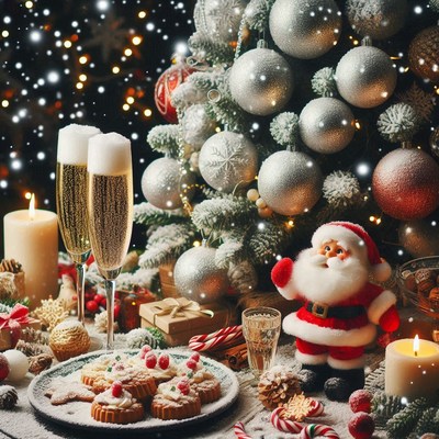 Christmas table with champagne, cookies, and santa