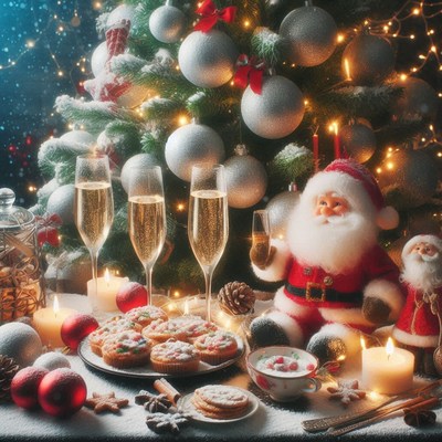 Festive christmas table: santa, champagne, and treats