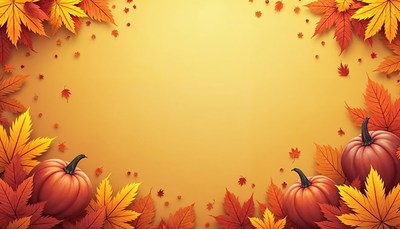 Pumpkins and leaves frame a fall background