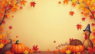 A cartoon turkey with a pilgrim hat stands next to a pumpkin