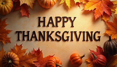 Thanksgiving wishes with autumn leaves and pumpkins