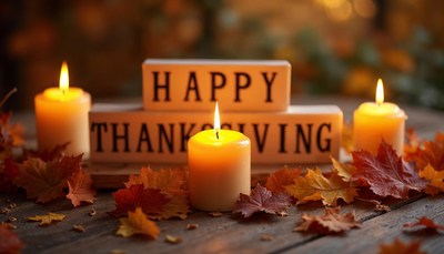 Candles and autumn leaves surround a happy thanksgiving sign