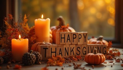 Happy thanksgiving spelled out with wooden blocks