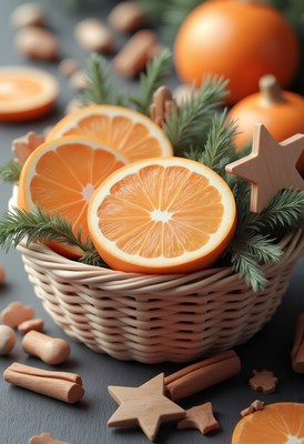 Orange slices in a basket with pine sprigs