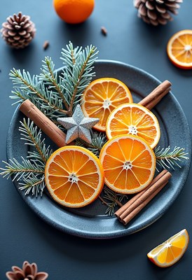 Dried orange slices and cinnamon on a plate with pine sprigs