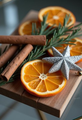 Orange slices, cinnamon sticks, and a star on wood
