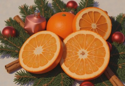 Oranges and cinnamon in pine branches for festivity