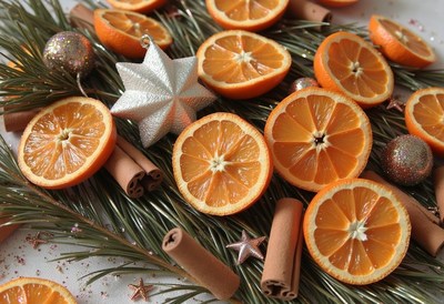 Dried orange slices and cinnamon sticks on pine needles