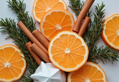 Orange slices and cinnamon sticks with rosemary sprigs