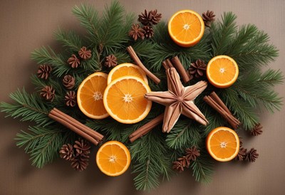 A festive arrangement of oranges, cinnamon, and pine