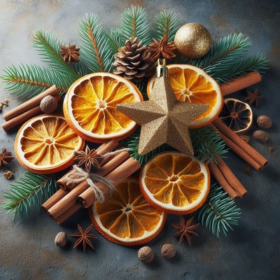 Dried oranges, cinnamon, and pine make a festive display