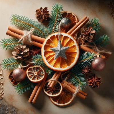 Dried oranges, cinnamon, and pine sprigs create festivity