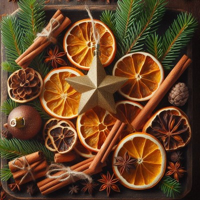 Orange slices, cinnamon, and pine create a festive look