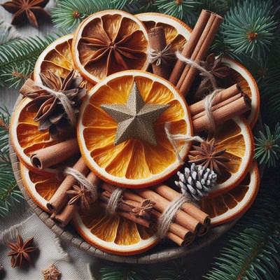 Festive winter decor: dried oranges, cinnamon, star anise
