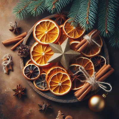 Dried oranges and cinnamon sticks on a wooden plate