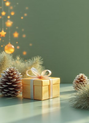 Gold gift box on table with pine cones and lights