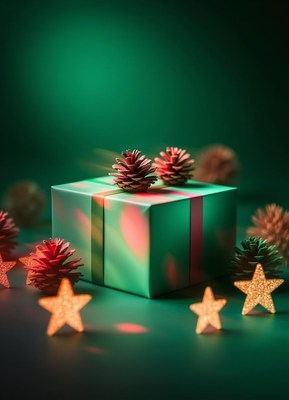 Green gift on green surface with pinecones and stars