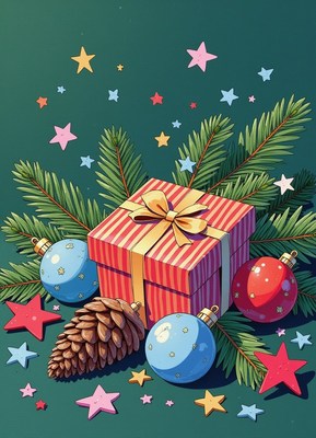 Gift wrapped among ornaments and stars on green