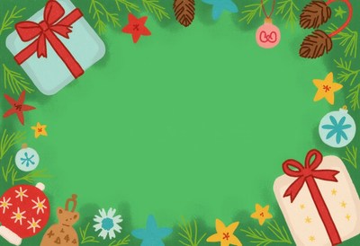 Green christmas backdrop with gifts and ornaments