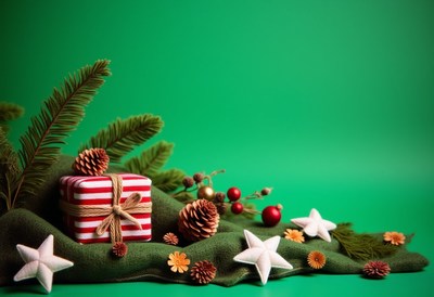 Gift on green blanket with pine branches and ornaments