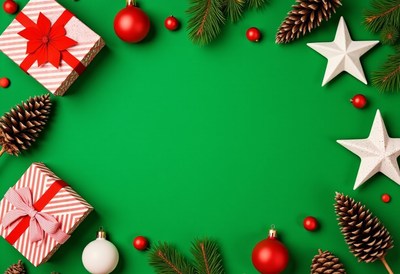 Christmas ornaments and gifts on a green background
