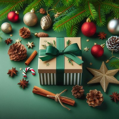 Green gift box on green surface with decor