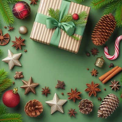 Green background with a gift and ornaments