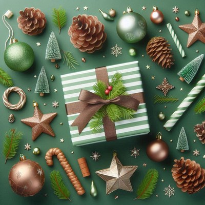 Green gift box with brown bow and pine sprigs