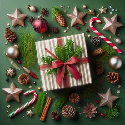 Gift with red ribbon, pine sprigs on green background