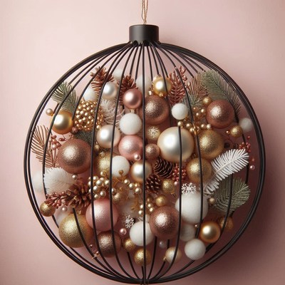 A large round ornament holds christmas decorations