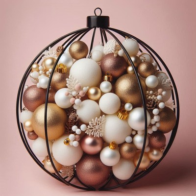 A black wire sphere sits on a pink background