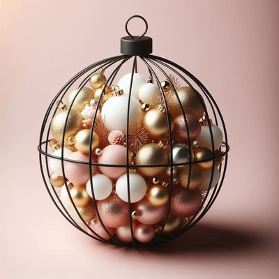 A wire sphere filled with gold, pink, and white ornaments