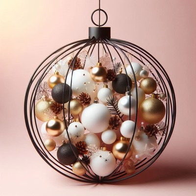 A black wire ornament with gold and white hangs on pink