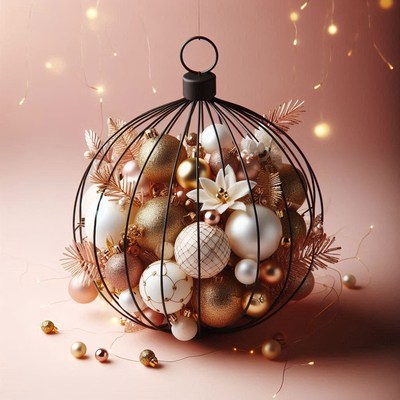 A wire sphere filled with ornaments sits on a pink surface