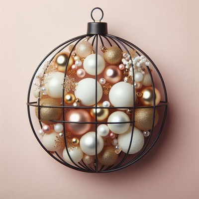 A wire ornament filled with white and gold christmas baubles