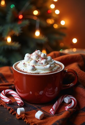 A cup of hot cocoa with whipped cream sits on a plaid napkin